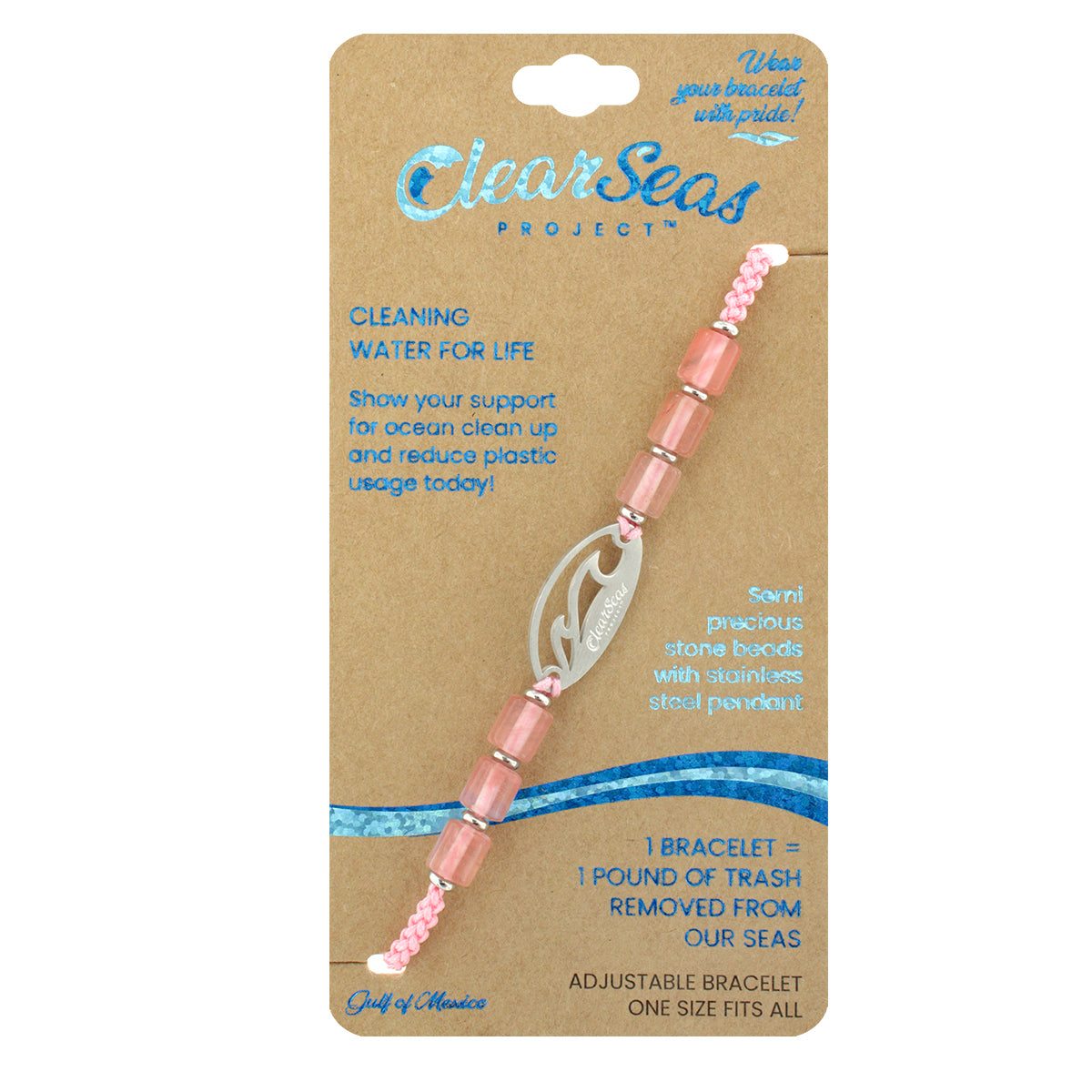 SLIDER BRACELET WITH SIX(6) WATERMELON BEADS AND ONE (1) "CLEAR SEAS LOGO"