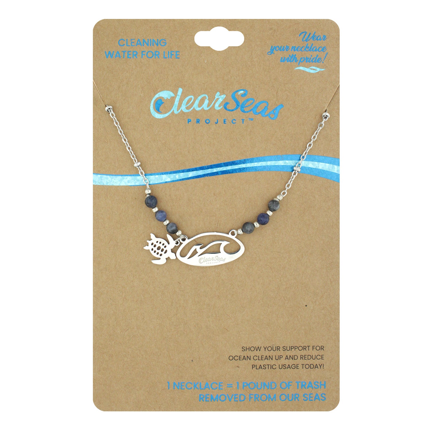 STAINLESS STEEL LINK CHAIN NECKLACE WITH STONE BEADS AND CLEAR SEAS PENDANT WITH TURTLE