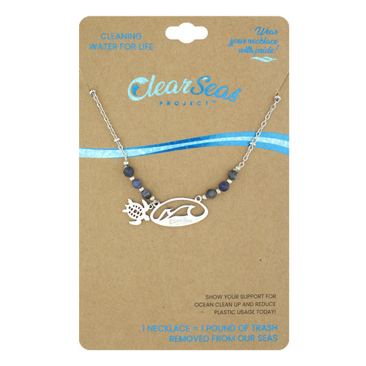 STAINLESS STEEL LINK CHAIN NECKLACE WITH STONE BEADS AND CLEAR SEAS PENDANT WITH TURTLE